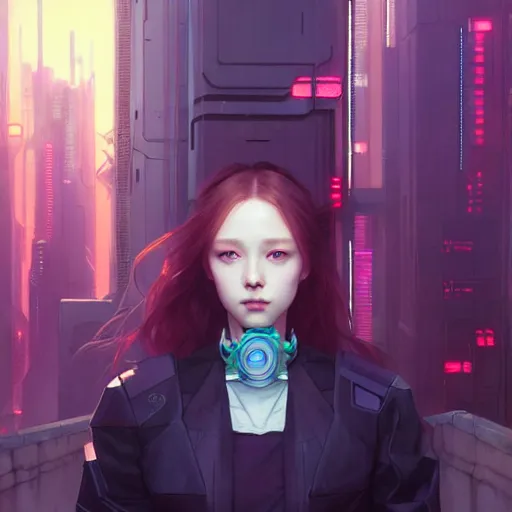Image similar to painting of cyberpunk chuu loona kpop smiling cheerfully, ultra realistic, concept art, intricate details, eerie, highly detailed, photorealistic, octane render, 8 k, unreal engine. art by artgerm and greg rutkowski and magali villeneuve and alphonse mucha