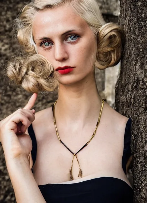 Prompt: 1 9 2 0 s photograph of an olive skinned blonde female model in her twenties, her hair pinned up, wearing a designer top, looking coy, focused on her neck, photo realistic, extreme detail skin, natural beauty, no filter, slr, golden hour, 4 k, high definition, selfie