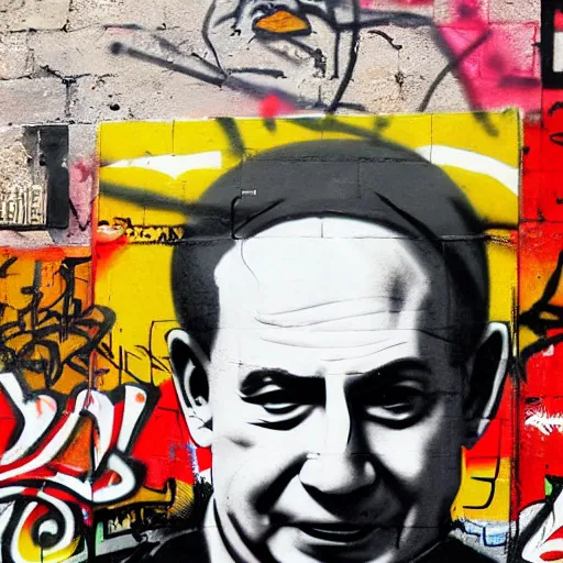 Prompt: benjamin netanyahu, graffiti, photograph, made by banksy, vivid colors, spray brush, midday, sunny, professional