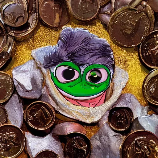 Image similar to super rich happy pepe, coins, gold, crystals, greg rutkowski