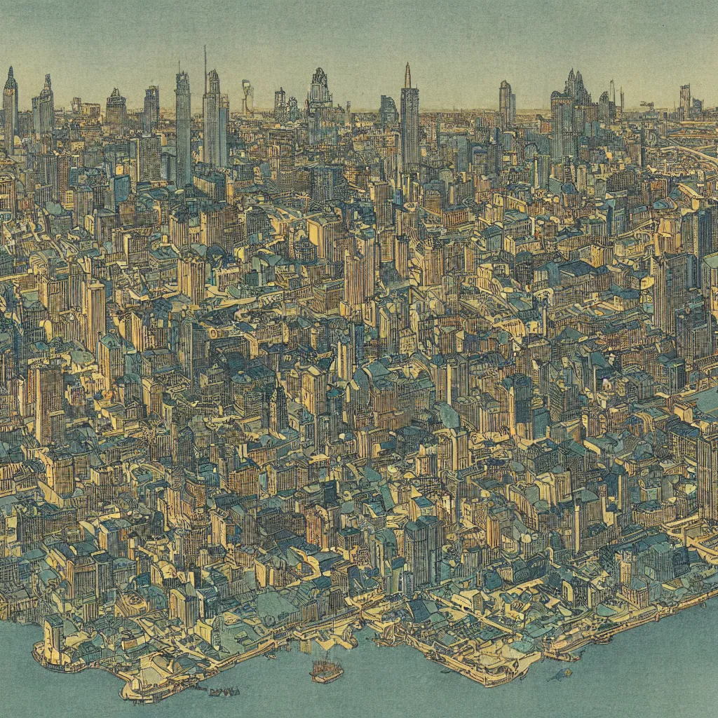 Image similar to highly detailed illustration of the milwaukee skyline, by edmund dulac and android jones, scans from museum collection