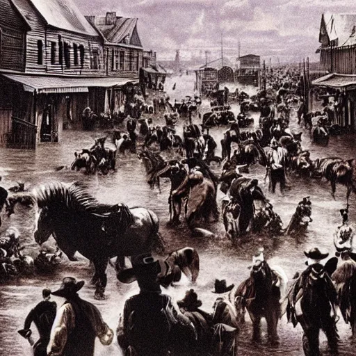 Image similar to flood on Wild West town, crowd cowboy at high noon, 1890 hyperrealistic