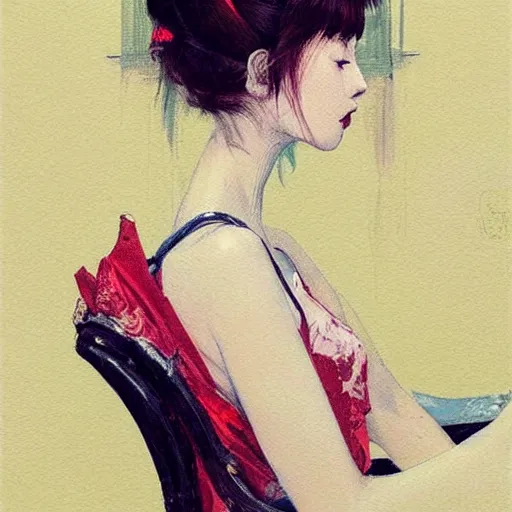 Image similar to painting by wlop, conrad roset, coby whitmore, and chie yoshii. of a pretty cute japanese beauty sitting on antique chair leaning against a desk, sideview, victorian room