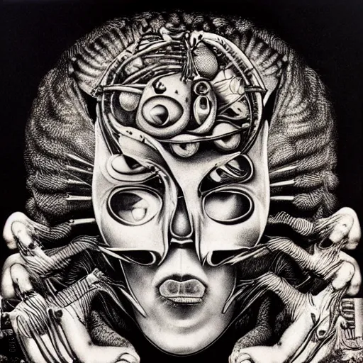 Image similar to post - punk new age pop album cover, asymmetrical design, alien, magic, apocalypse, psychedelic, highly detailed, black white pink, magic, giger h. r., giuseppe arcimboldo