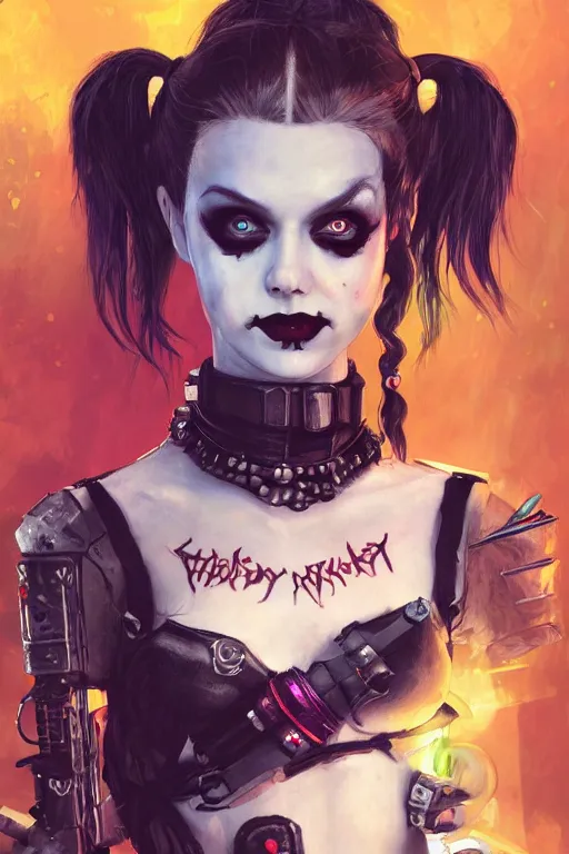 Image similar to portrait of young cute beautiful gothic Harley Quinn, cyberpunk, Warhammer, highly detailed, artstation, illustration, art by Gustav Klimt