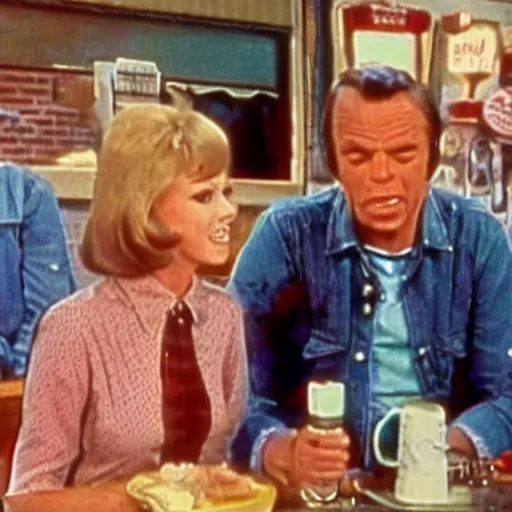 Image similar to screenshot of the crying family with the mallard in Al's diner from 70s comedy TV show unhappy days