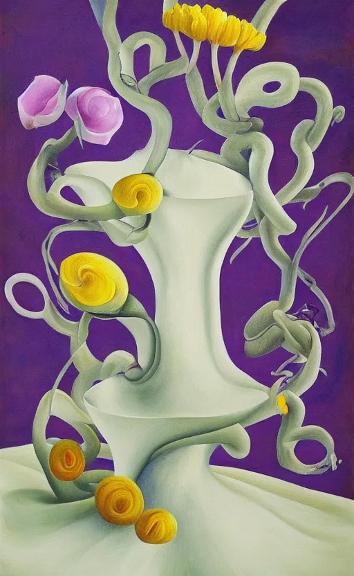 Image similar to a biomorphic painting of a vase with flowers in it, a surrealist painting by Bridget Bate Tichenor, by Georgia O'Keeffe, by Amanda Sage, featured on deviantart, metaphysical painting, oil on canvas, acrylic art, airbrush art