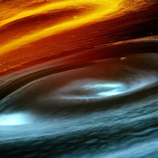 Image similar to wide angle shot of a giant stream of liquid golden stream ascending swirling into a black hole, james web telescope, conceptart, unreal engine 5, 8 k, high depth of field, depth perception, rich deep colors, artstation