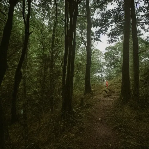 Prompt: photo of an unknown entity in the distance at night, photo shot by tourists, last image recovered from bodies, hiking trail, flash on, reduced visibility, overcast, at night, high resolution, shot on nikon d 3 2 0 0