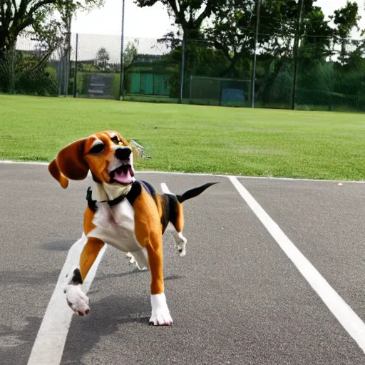 Prompt: a beagle playing basketball