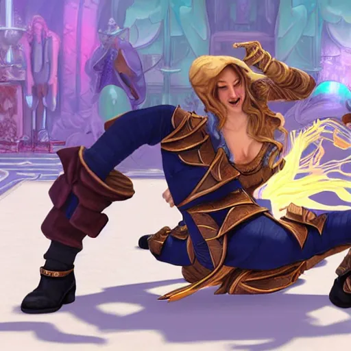 Prompt: Sir Gideon Ofnir the All-knowing breakdancing in front of Jaina Proudmoore