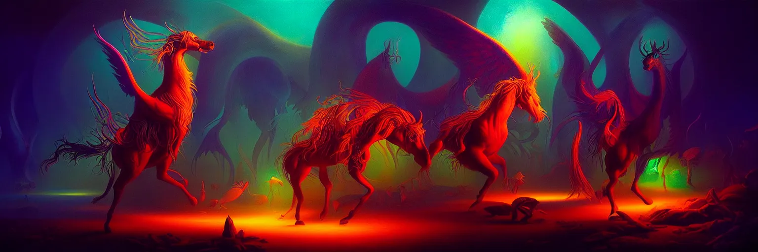 Prompt: mythical creatures from the depths of the collective unconscious, dramatic lighting with shallow dof, surreal darkly colorful painting by ronny khalil