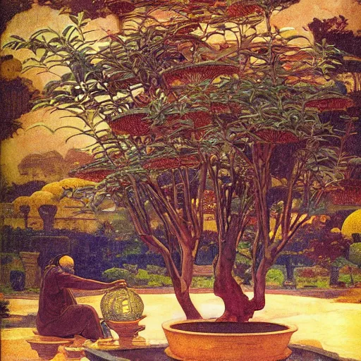 Image similar to Old African gardener cutting bonsai trees, isyllic Garden, by Annie Swynnerton and Nicholas Roerich and jean delville, glowing paper lanterns, strong dramatic cinematic lighting , ornate tiled architecture, lost civilizations, smooth, sharp focus, extremely detailed