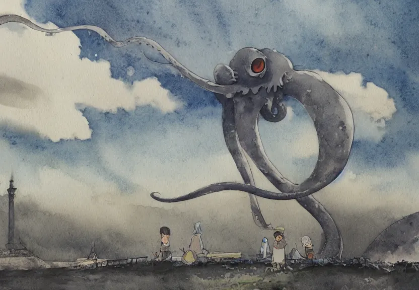 Image similar to a hyperrealist watercolor concept art from a studio ghibli film showing one giant grey octopus. a temple is under construction in the background in india on a misty and starry night. by studio ghibli. very dull muted colors