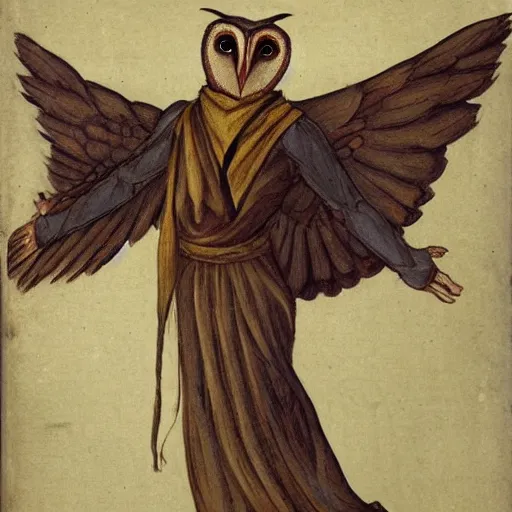 Image similar to humanoid barn owl with wings wearing a roman toga and holding a javelin