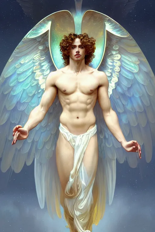 Prompt: fullbody portrait of a beautiful young fit male angel with curly blond hairs, serene face, dressed with long fluent clothes, majestic symmetrical eagle wings, luminous halo, by greg rutkowski and alphonse mucha, gradient white to gold, in front of an iridescent background, highly detailed portrait, digital painting, artstation, concept art, smooth, sharp focus illustration