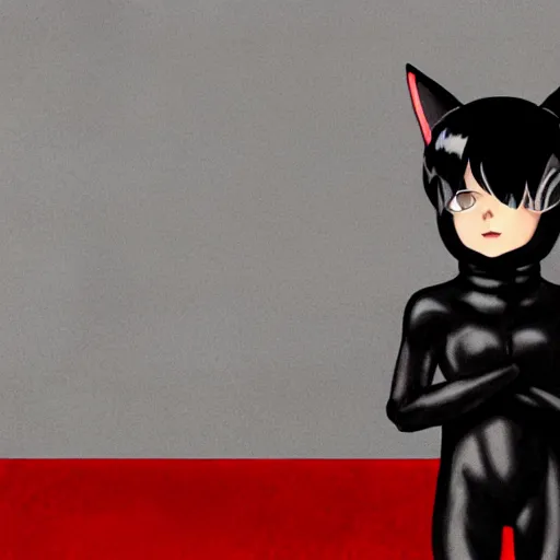 Image similar to little boy with cat ears in an black latex suit with red cape. digital artwork made by lois van baarle and kentaro miura, sharpness focus, anatomically correct