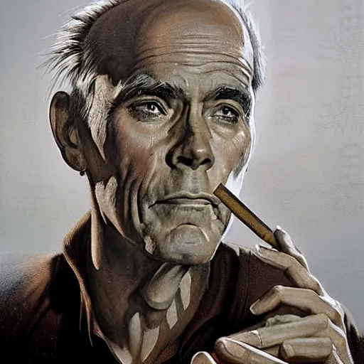 Image similar to a highly detailed epic cinematic concept art CG render digital painting artwork costume design: Henry Fonda as a 1950s tired disillusioned poet, barefoot, smoking one cigarette. volumetric lighting. By Greg Rutkowski, in the style of Francis Bacon and Syd Mead and Norman Rockwell and Beksinski, great attention to proper perfect anatomy, highly detailed, painted by Francis Bacon and Edward Hopper, painted by James Gilleard, surrealism, airbrush, Ilya Kuvshinov, WLOP, Stanley Artgerm, very coherent, triadic color scheme, realistic facial expression, art by Takato Yamamoto and James Jean