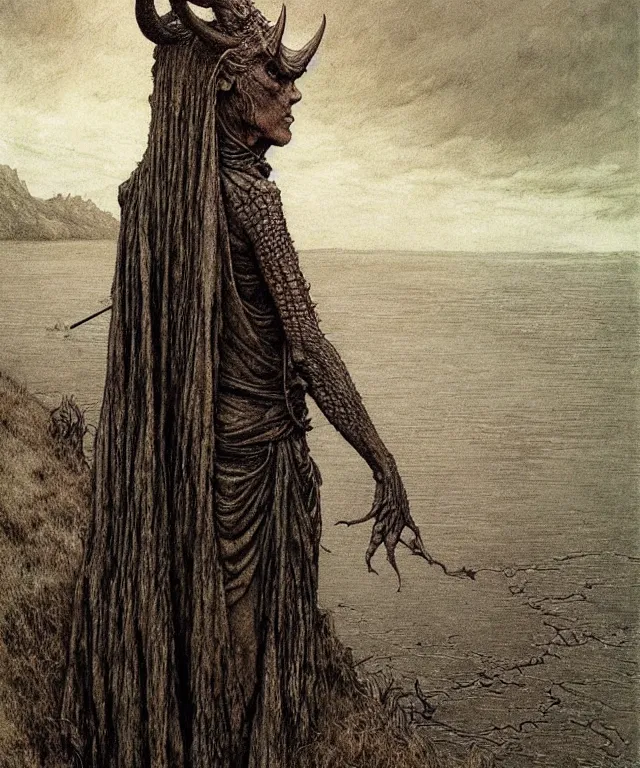 Prompt: A detailed horned crocodilewoman stands near the river. Wearing a ripped mantle, robe. Perfect faces, extremely high details, realistic, fantasy art, solo, masterpiece, art by Zdzisław Beksiński, Arthur Rackham, Dariusz Zawadzki