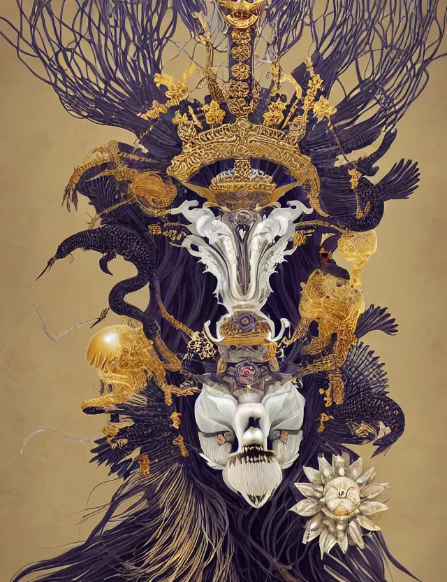 Image similar to goddess macro close - up portrait with crown, ram skull. beautiful intricately detailed japanese crow kitsune mask and clasical japanese kimono. betta fish, jellyfish phoenix, bioluminescent, plasma, ice, water, wind, creature, artwork by tooth wu and wlop and beeple and greg rutkowski