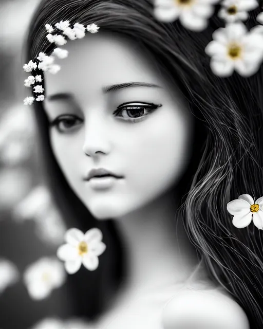 Image similar to black and white dreamy young beautiful female artificial intelligence, realistic flowers ornament in the face, long hair are intricate with highly detailed realistic flowers, cinematic, rim light, bokeh, photo - realistic, elegant, high detail, 8 k, masterpiece, photo taken in 1 9 3 0
