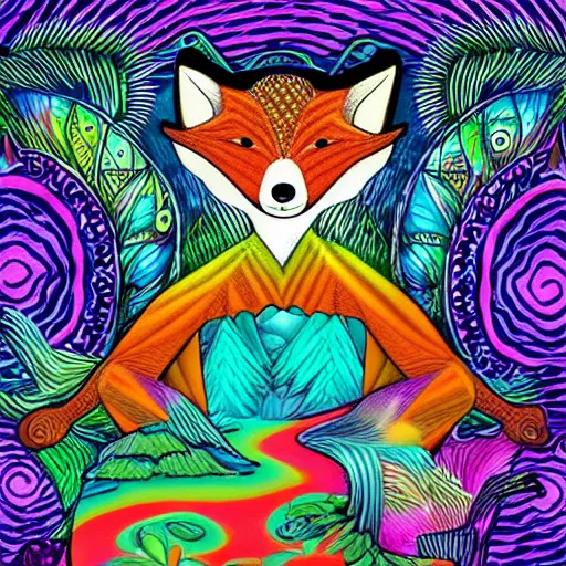 Prompt: an anthromorphic fox man meditating in a garden with a waterfall and clouds, by Lisa Frank in a psychedelic style, digital art