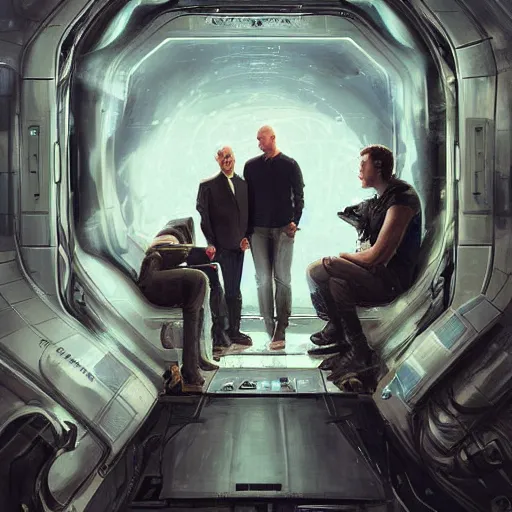 Image similar to portrait of meeting between elon musk, mark zuckerberg, jeff bezos, very detailled, art contest winner on behance, trendy on deviant art, by by artgem, greg rutkowski