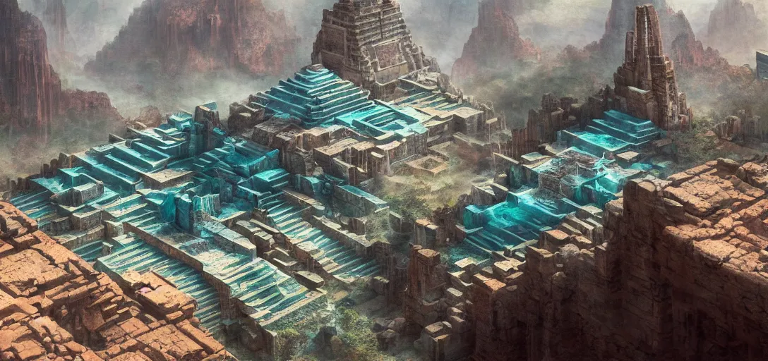 Prompt: beautiful highly detailed matte painting of an intricate mayan futuristic brutalist jade teal ancient temple in a valley surrounded by canyons and a desert, by Craig Mullins and Denis Villeneuve, octane rendering, 8k