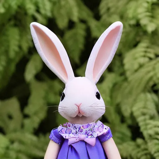 Image similar to beautiful fit female rabbit with symetric face wearing dress, full body, 5 5 mm