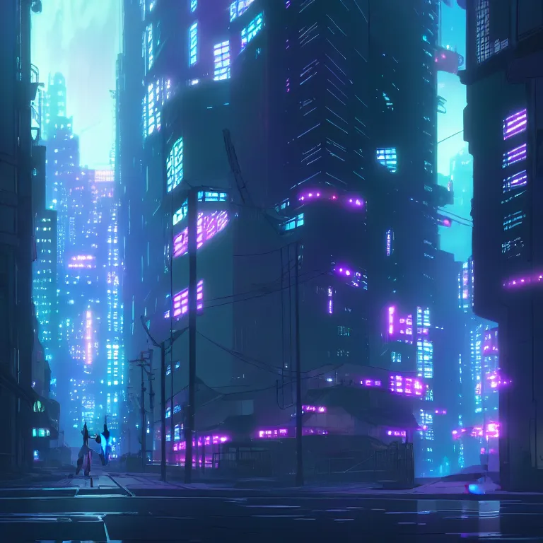 Image similar to city in the atmospheric cyberpunk anime film, gouache matte background painting, neon noir, at night with lights, by makoto shinkai, in the anime series ergo proxy, beautiful specular edge highlights and rim lighting