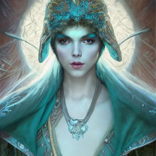 Image similar to a mid - shot portrait of a handsome snow elf with a bow in a turquoise cape and glittering silver ornate armor, pale skin, winter vibes, intricate, elegant, artgerm, tomasz alen kopera, greg rutkowski, alphonse mucha, concept art, sharp focus, octane render, cgsociety