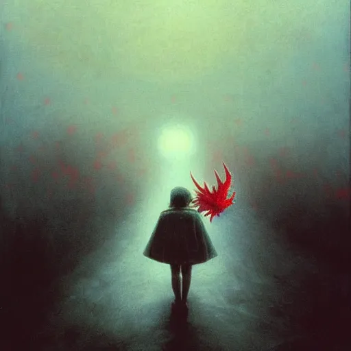 Image similar to grandmother from anime is walking on the pavement and is attacked by big red dragon, big red wings, before the storm, distant lightings in the clouds, beksinski style