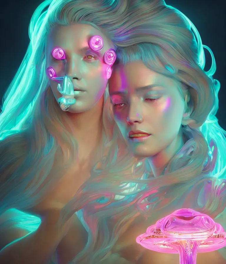 Image similar to iridescent portrait of a beautiful princess in robe. hard surface modelling. cyberpunk look. biomechanical mask. bio luminescent biomechanical halo around head. neon jellyfish. artwork by jarold Sng by artgerm, by Eddie Mendoza, by Peter mohrbacher by tooth wu, unreal engine, octane render, cinematic light, high details, iridescent colors, dichroic, macro, 4l