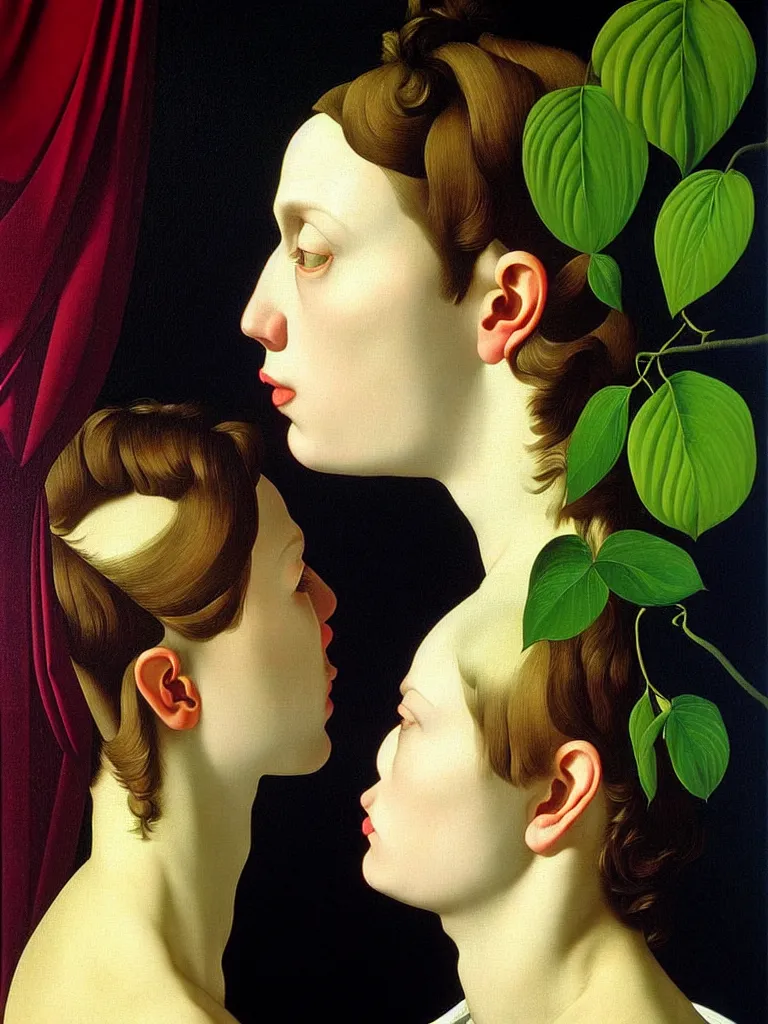 Image similar to hyperrealistic still life portrait woman's face in profile, beautiful plants, jungian archetypes, light refracting through prisms in a tesseract, by caravaggio, botanical print, surrealism, vivid colors, serene, by rene magritte