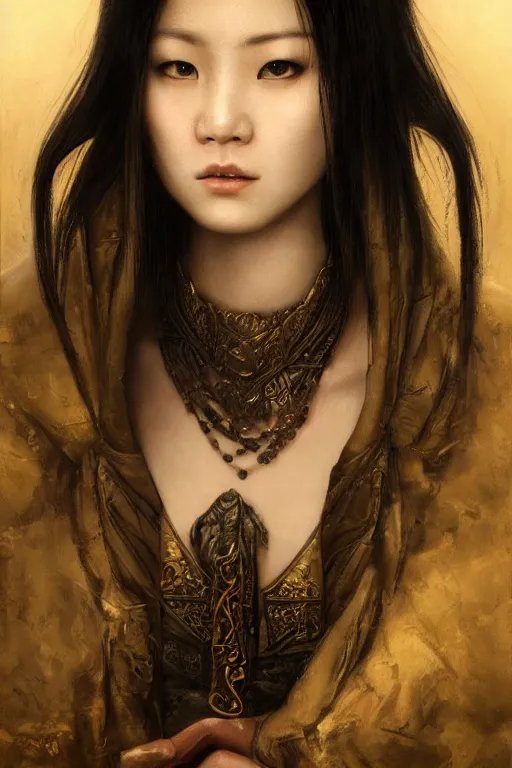 Prompt: breathtaking detailed soft painting of a sexy asian girl assassin in leather, with long hair and piercing eyes, ancient oriental temple at twilight, symmetrical realistic facial features, rembrandt style, elegant, highly detailed, artstation, concept art, matte, sharp focus, art by tom bagshaw, kelogsloops and greg rutkowski