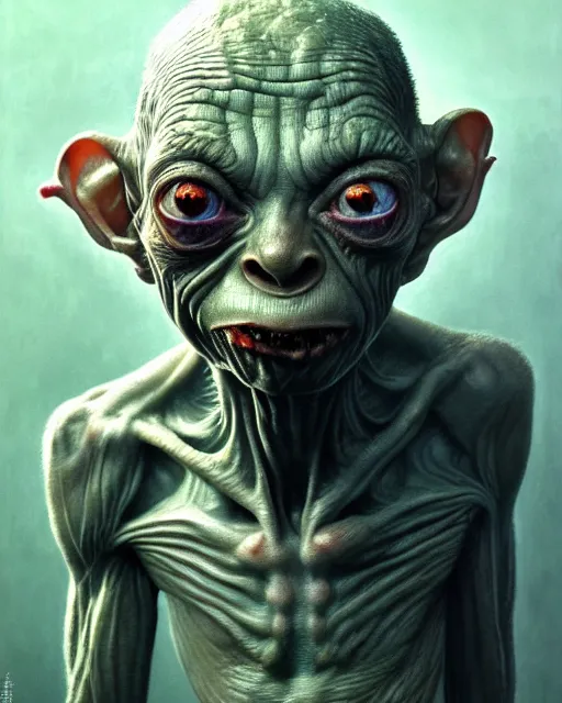 Image similar to gollum ugly, ultra detailed, ultra realistic, adventure time, studio lighting, by beksinski, alejandro jodorowsky, giger, greg rutkowski, carne griffith trending on artstation, deviantart, photorealism