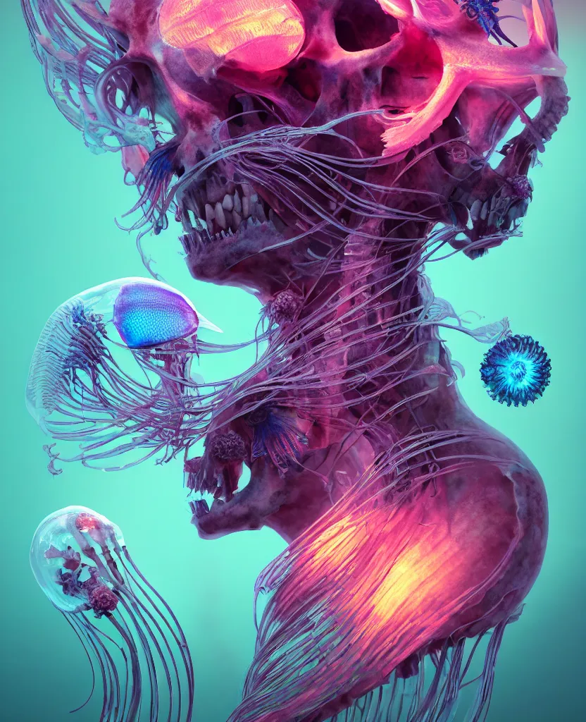 Image similar to goddess close-up portrait ram skull, thorax, x-ray, backbone, jellyfish phoenix head, nautilus, orchid, skull, betta fish, bioluminiscent creatures, intricate artwork by Tooth Wu and wlop and beeple. octane render, trending on artstation, greg rutkowski very coherent symmetrical artwork. cinematic, hyper realism, high detail, octane render, 8k