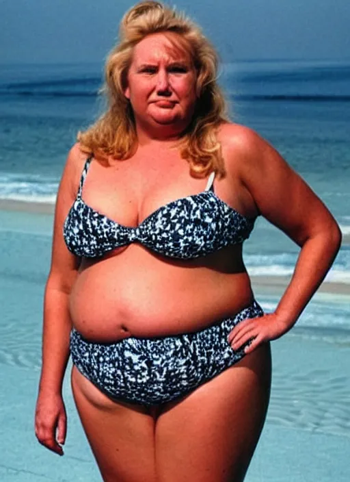 Prompt: “Extremely obese Donald Trump in a womens swimsuit.”