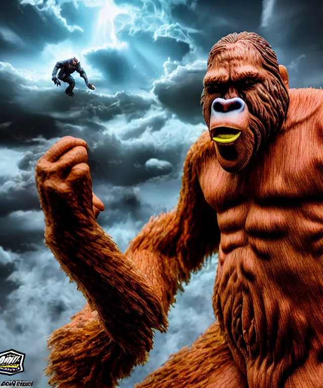 Image similar to hyperrealistic rendering, epic boss battle, bigfoot sasquatch, by art of skinner and richard corben, product photography, collectible action figure, sofubi, hottoys, storm clouds, outside, lightning