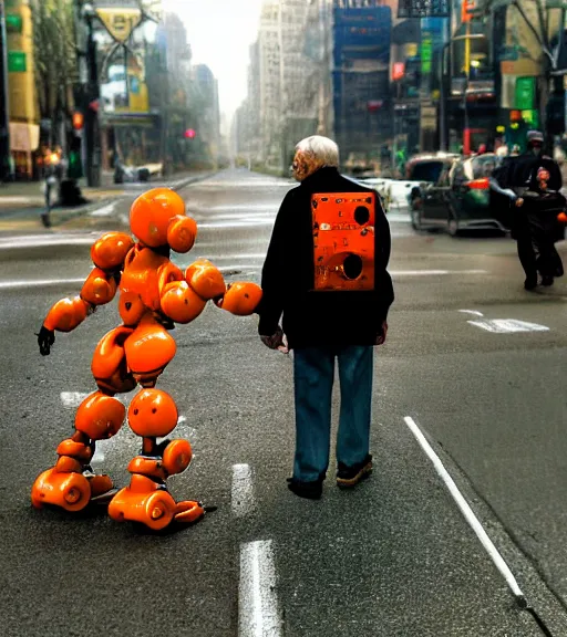 Prompt: : realistic photograph of an orange robot : helping an elderly man cross the street + by Edgar Maxence and Ross Tran