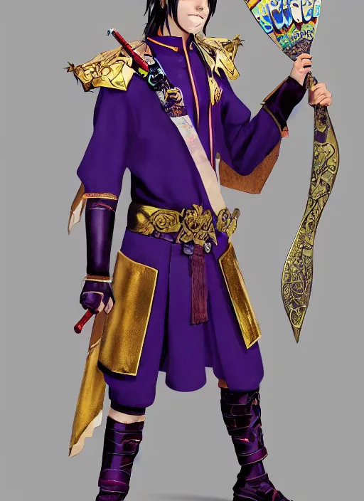 Image similar to An epic fantasy comic book style portrait painting of teenager boy with straight indigo hair, purple eyes with red eye markers, slim body, wearing a detailed Japanese kimono with golden armor pieces, holding a japanese fan. Unreal 5, DAZ, hyperrealistic, octane render, cosplay, RPG portrait, dynamic lighting