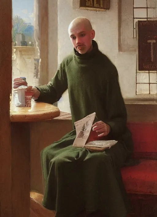 Prompt: a 1 4 th century monk wearing a turtle neck sweater at a mcdonalds by vladimir volegov and alexander averin and pierre auguste cot and delphin enjolras