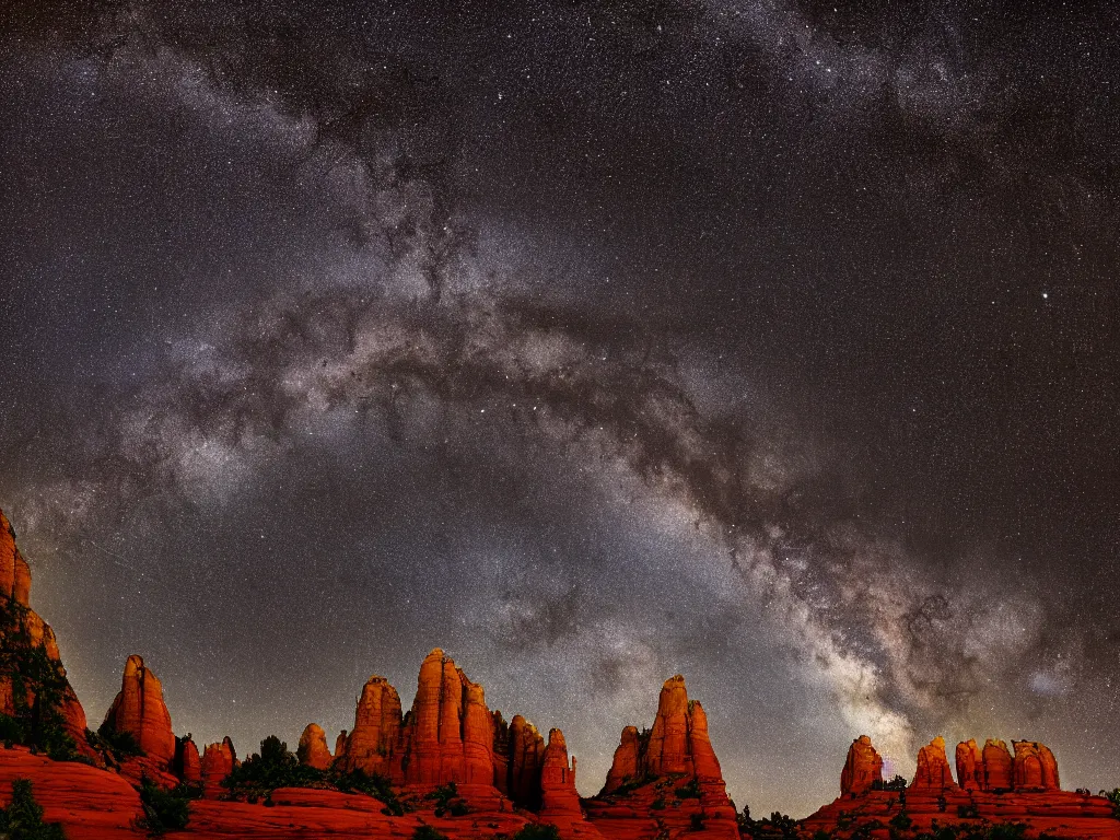 Image similar to long distance shot, sedona's cathedral rock bluff, night, milky way, intricate lines, elegant, extreme detail, sharp focus, photo realistic, ultra realistic, photographic