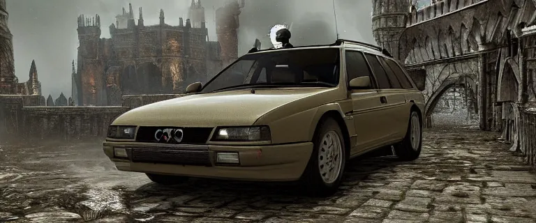 Image similar to Armored and Armed Audi 80 B3 Avant (1988) with a mounted M249 with soldiers on, Dark Souls 3, Eldritch Horrors, Wretched and Corrupted Knights, Heavy Battle, Fight, Car vs Knight, gunshots fired, a grim fantasy, Anor Londo, dramatic lighting, cinematic, establishing shot, extremely high detail, photorealistic, cinematic lighting, artstation, by simon stalenhag