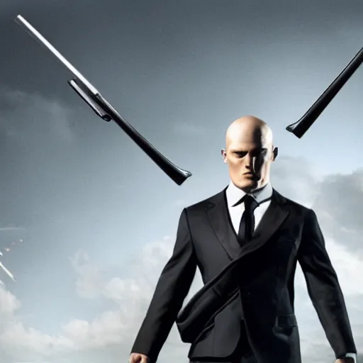 Image similar to Charlie Chaplan as Agent 47 in 'Hitman'