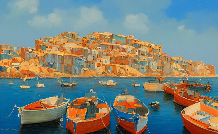 Image similar to A painting of a Mediterranean fishing village, azure blue sea, boats, peaceful, beautiful, in the style of Michiel Schrijver