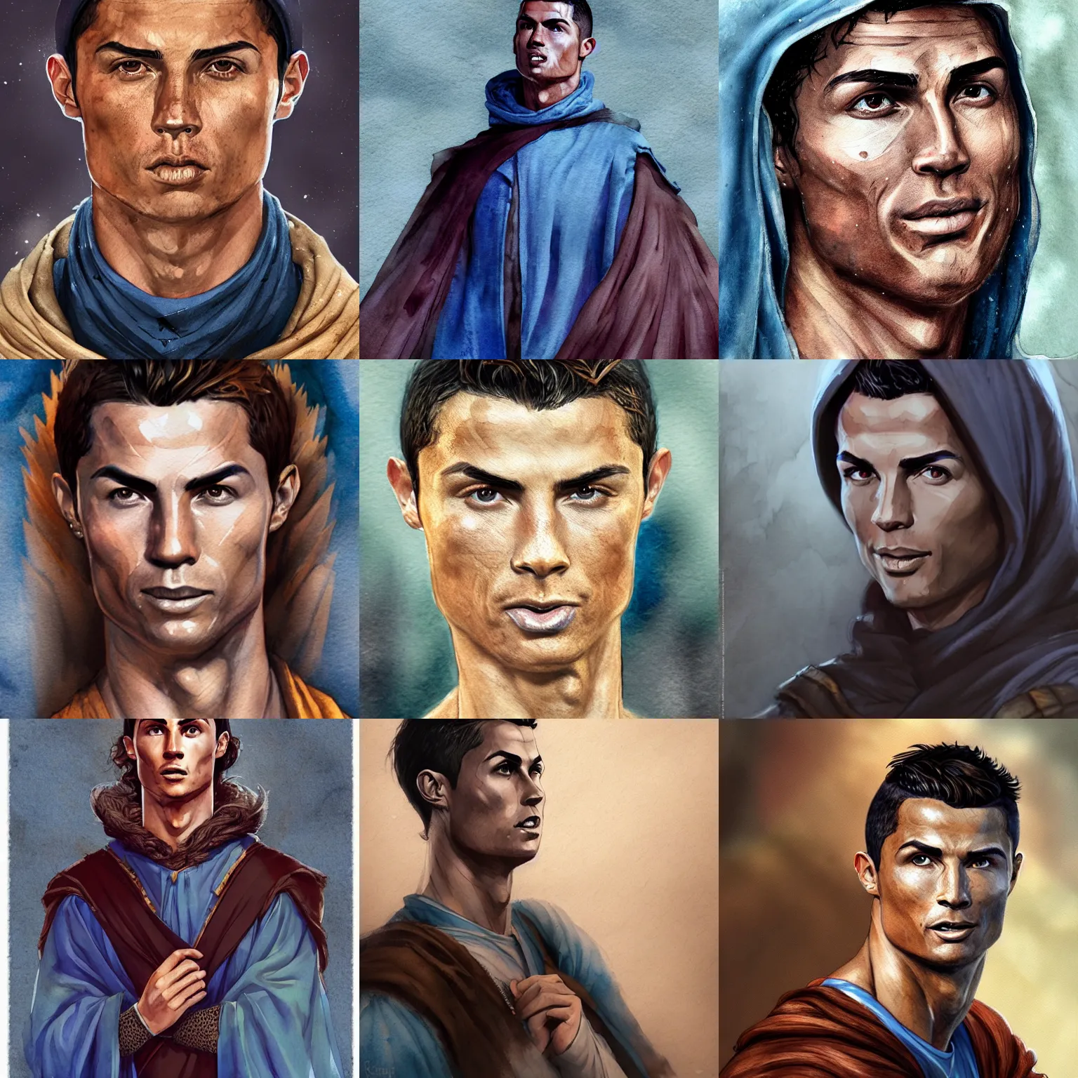 Prompt: Cristiano Ronaldo, in love, happy, wearing blue and brown medieval robe, WLOP, artgerm, Jason Chan, Charlie Bowater, Sergey Kolesov, medieval, fantasy d&d, watercolor on paper, hyper detail portrait, closeup on face, dark pastel castle background