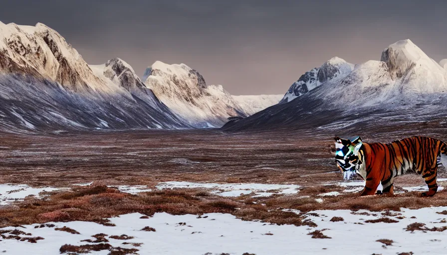 Prompt: a photo - realistic arctic landscape in wide angle, majestic snow - topped mountains in the background, a tiger and an indian warrior woman ( intricate armor in earthern red ) in the foreground, predominantly colors, wide angle, 1 8 mm, depth of field, early morning light, moody, atmospheric, 8 k, national geographic