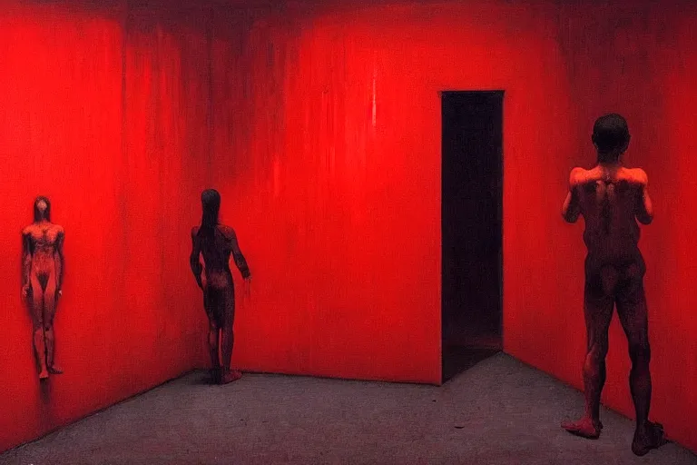 Image similar to only with red, crowd screaming, an exposed painting in a roman theater, in the style of beksinski, parts by edward hopper, parts by rodcenko, parts by yue minjun, intricate and epic composition, red by caravaggio, insanely quality, highly detailed, masterpiece, red light, artstation, 4 k