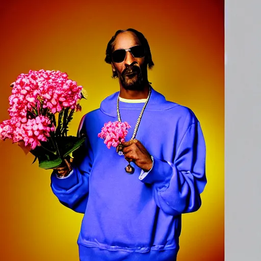 Image similar to Snoop Dogg holding a Vase of flowers for a 1990s sitcom tv show, cinematic lighting, Studio Photograph, portrait, C 12.0